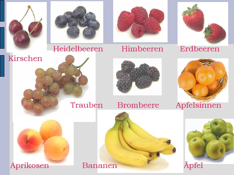 Äpfel Apfelsinnen Erdbeeren Himbeeren Heidelbeeren Kirschen Brombeere Aprikosen Bananen Trauben